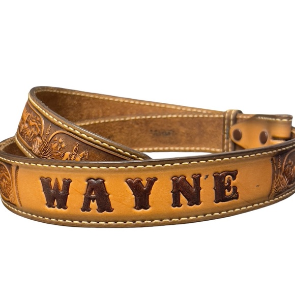 Vintage Leather Custom Stamped Personalized Wayne Longhorn Cattle Western Belt - Picture 7 of 12
